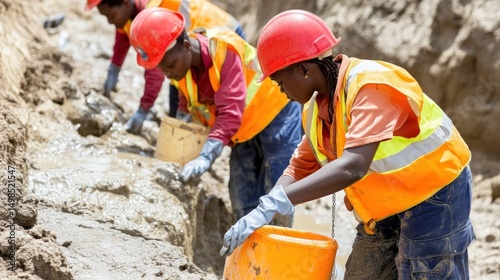 Construction workers collecting mud samples outdoors in bright sunlight