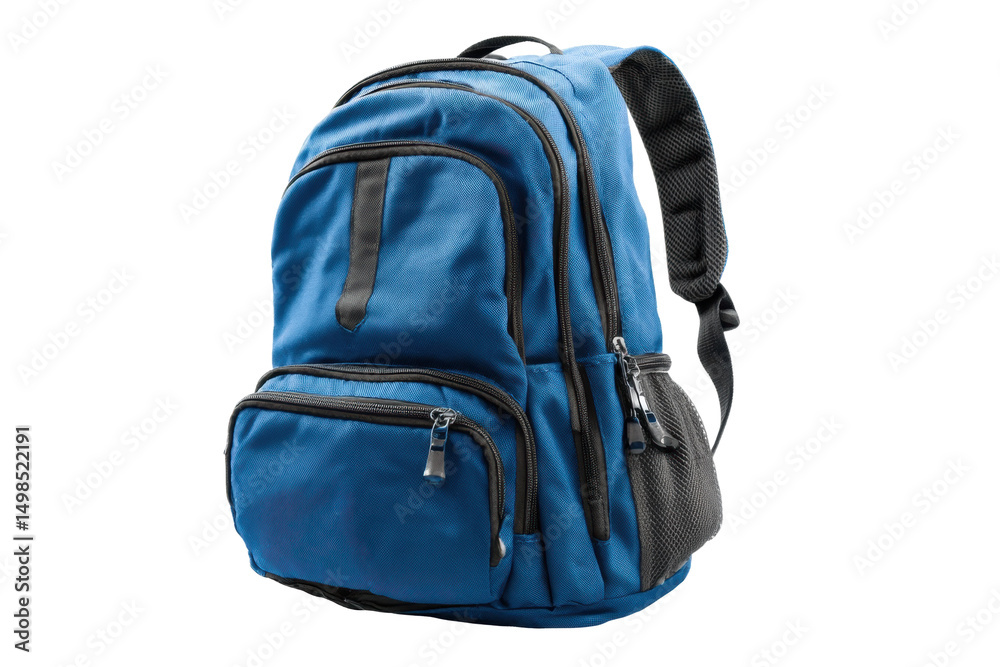 Naklejka premium Durable blue backpack with multiple compartments and black accents, cut out