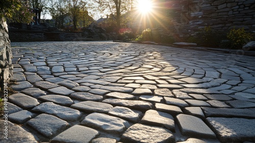 Cobblestone pavement texture sunlight circular pattern gray brown stones