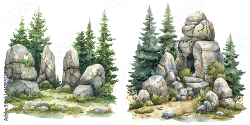 stone forest lanscape watercolor vector illustration