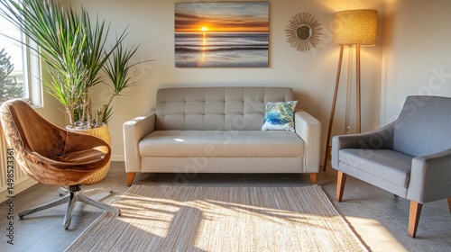 Sunlit living room interior with beige couch and armchair