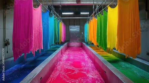 Vibrant textile dyeing process in industrial setting rainbow colors