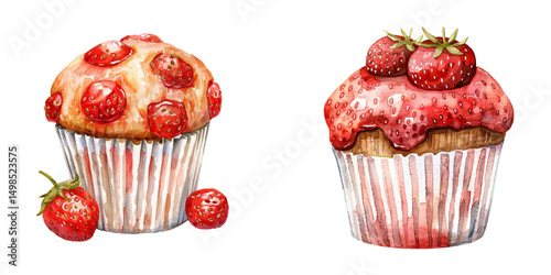 strawberry jam muffin watercolor vector illustration