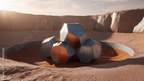 Mars Habitat Prototype in a Dune Landscape on the Red Planet