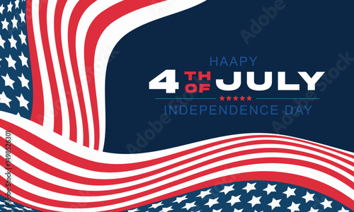 4th of July Banner Vector, USA flag waving with stars on blue background