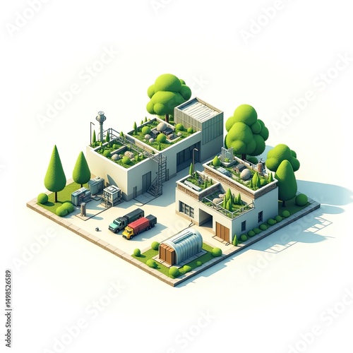 isometric illustration of an eco-friendly waste sorting facility  