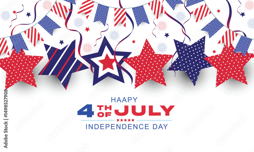 Fototapeta premium Fourth of July background. 4th of July holiday horizontal border with confetti and stars
