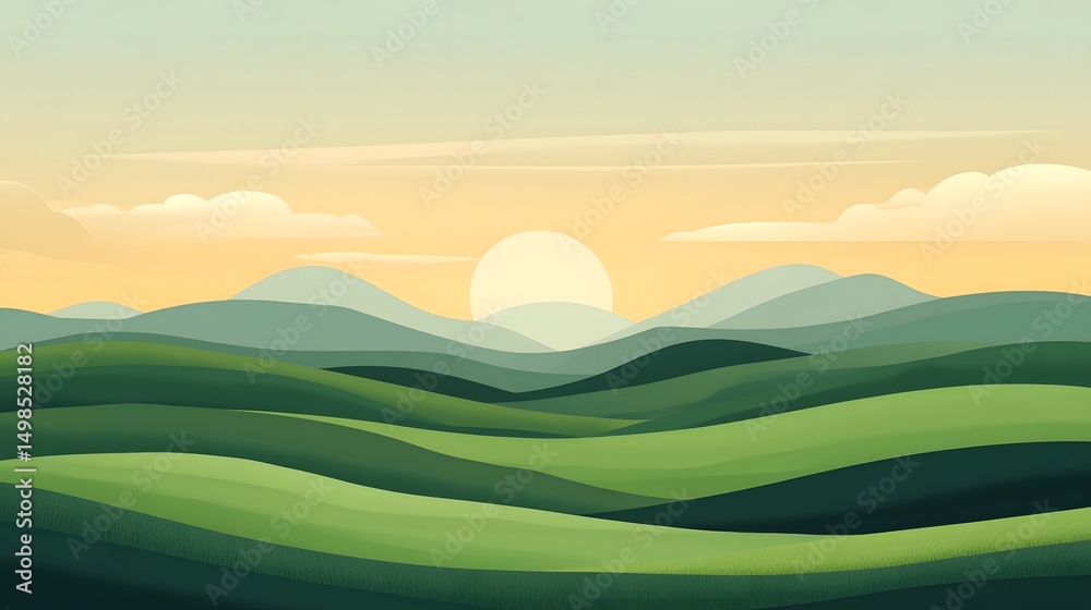 Obraz premium Lush green rolling hills under a soft, warm sun