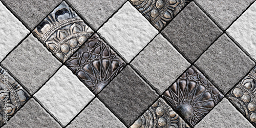 Fototapeta Naklejka Na Ścianę i Meble -  Home decorative 3d elevation wall tiles design, Seamless Ceramic Tiles Designs, Seamless Ceramic Wall tiles design Natural Stone Bricks wallpaper design Home decorative 3d elevation Background.