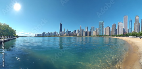 Picturesque chicago skyline and beach with sparkling lake michigan under a sunny sky