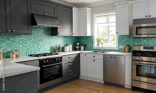 Modern kitchen interior featuring sleek cabinets, stainless steel appliances, and vibrant tile backsplash