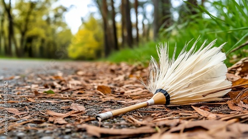 A delicate, white feather duster rests on a path strewn with autumn leaves