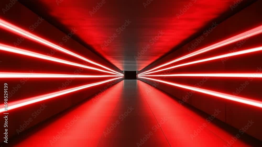 Red futuristic tunnel corridor with glowing horizontal red light strips walls and ceiling, creating modern immersive tunnel effect with vanishing point perspective and symmetrical glowing interior