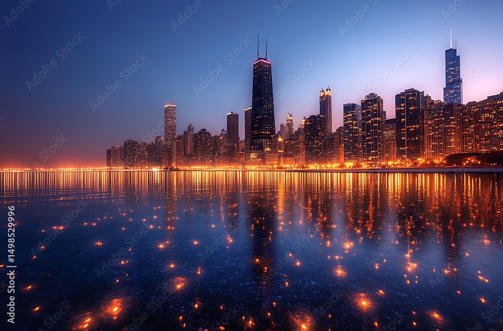 Obraz premium Chicago skyline illuminated at night beautiful reflections in lake michigan water