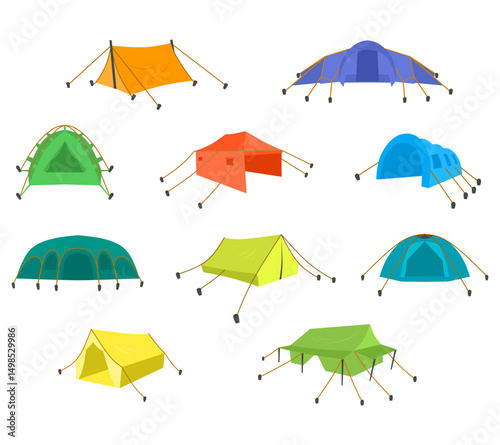 A versatile illustration set showcasing different camping tent models, perfect for outdoor adventure themes, travel guides, and nature related designs.