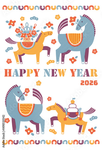 2026年　午年年賀状イラスト（馬の親子と華やかなお正月)