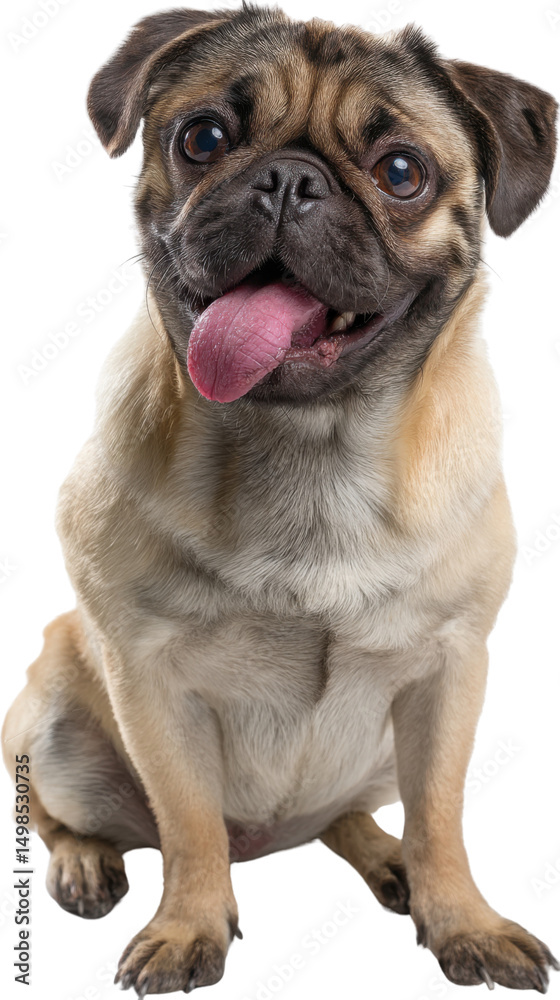 Fototapeta premium Pug Portrait: A charming fawn pug sits attentively, tongue lolling, with expressive eyes gazing directly at the camera.