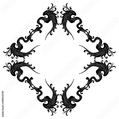 Rectangular geometrical frame with fantastic dragons. Antique motif. Black and white silhouette.