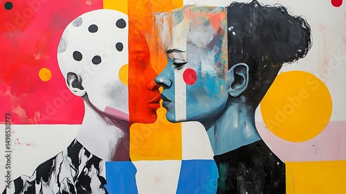 Two lovers portrayed in abstract colorful geometric composition for expressive emotion and vibrant artistic concept.