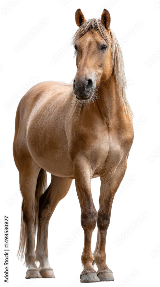 Fototapeta premium Golden Majesty: A majestic horse with flowing mane and powerful physique stands in graceful poise, its regal bearing radiating strength and elegance.