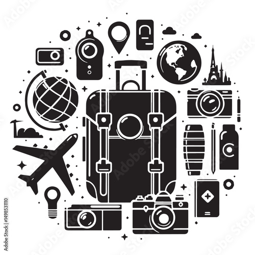 Black Color Travel Bag Silhouette Vector Illustration, Solid White Background. minimal vector design