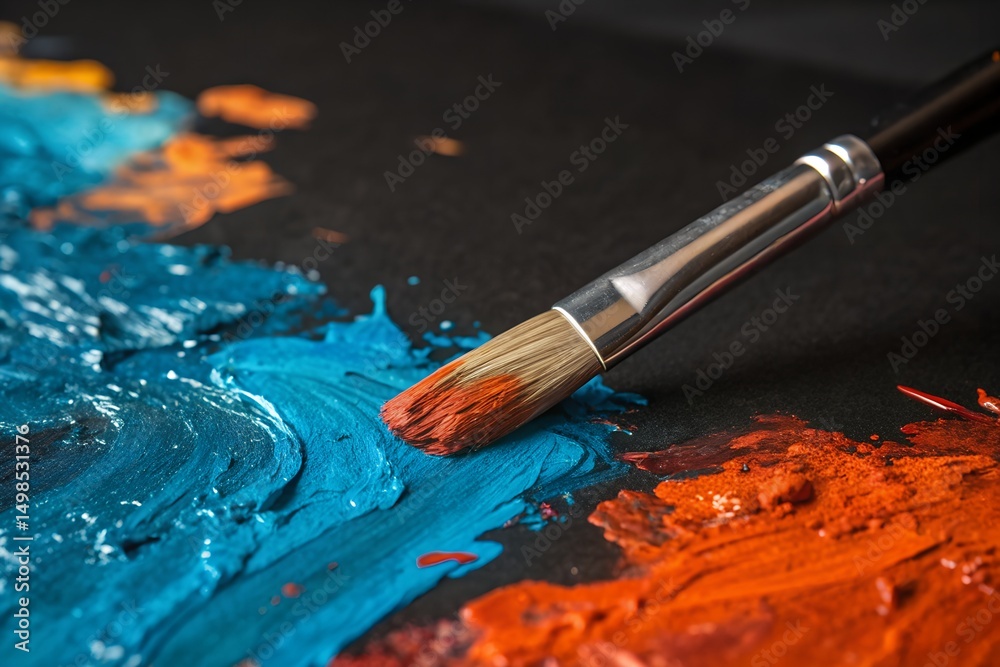 Obraz premium A paint brush holds orange paint over blue and orange paint strokes on a dark canvas surface.
