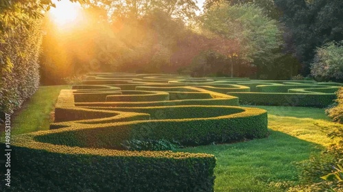 Green hedge maze at sunset intricate pathway nature and exploration