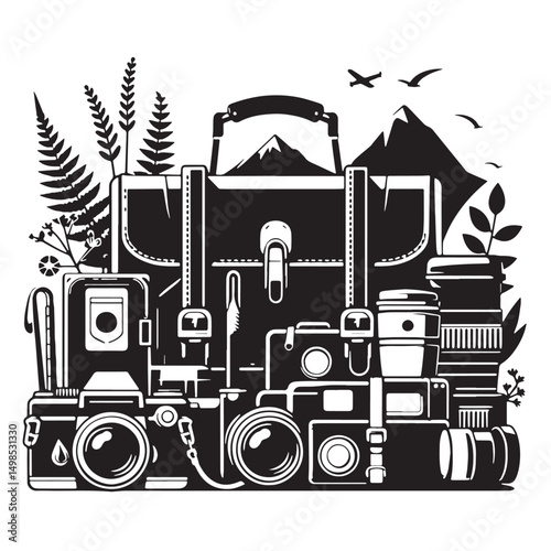 Black Color Travel Bag Silhouette Vector Illustration, Solid White Background. minimal vector design