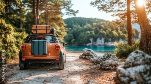 Wallpaper Mural Orange car parked near turquoise lake, luggage on roof Torontodigital.ca