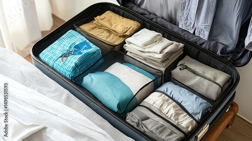 A compact packing cube set laid out in an open suitcase