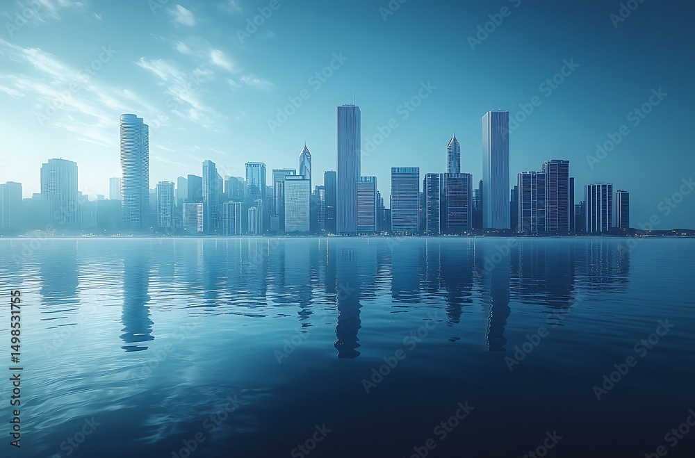 Fototapeta premium Modern city skyline reflecting in calm water with blue hues at sunrise or sunset