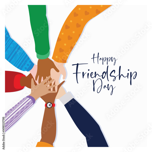 Happy Friendship Day. International Diverse Group Support, Friends Hold Hands Together in Circle.