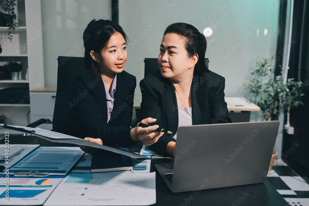 Fototapeta premium Entrepreneurs and business people conference in modern meeting room, happy multiracial coworkers have fun cooperating working together at office meeting, asian teamwork concept