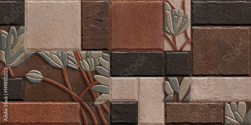 Fototapeta Naklejka Na Ścianę i Meble -  Home decorative 3d elevation wall tiles design, Seamless Ceramic Tiles Designs, Seamless Ceramic Wall tiles design Natural Stone Bricks wallpaper design Home decorative 3d elevation Background.