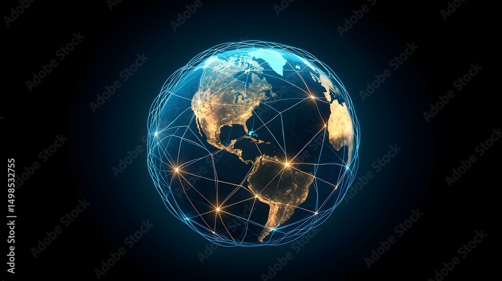 Fototapeta premium A digital rendering of the Earth at night, enveloped in a glowing network of interconnected lines, symbolizing global communication and connectivity.