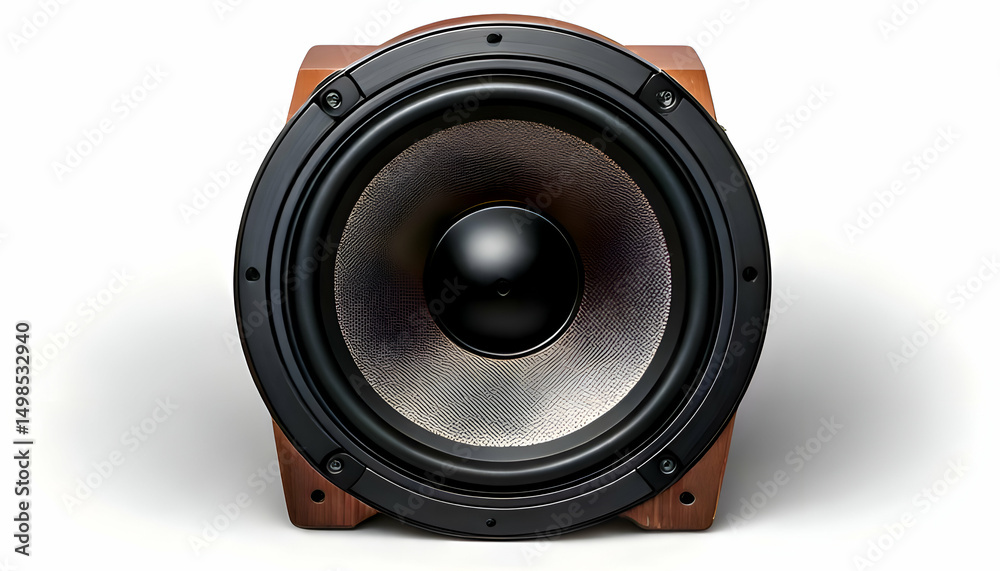 A close-up view of a wooden speaker showcasing its large woofer. A close-up view of a wooden speaker showcasing its large woofer.