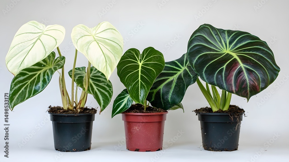 Fototapeta premium Three varieties of houseplants in pots against a plain background.