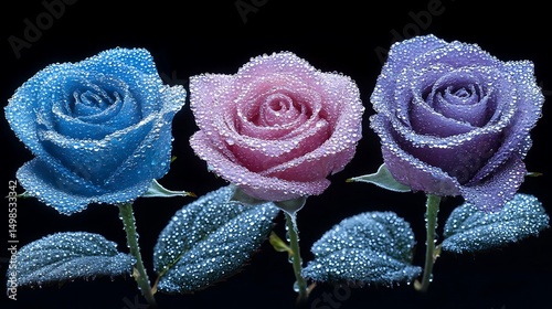 Dew-kissed roses, trio, dark background, floral beauty, greeting card