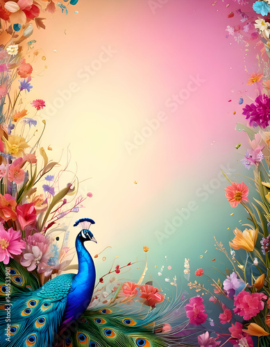 A vibrant peacock surrounded by colorful flowers against a soft gradient background.