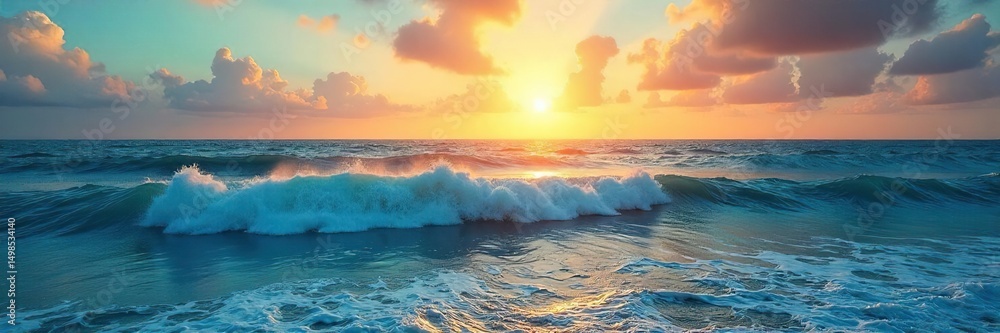 Fototapeta premium Vast, endless Pacific Ocean horizon Sun-kissed waves meet the sky in a breathtaking display of natural beauty Perfect for travel, nature, and serenity themes , tranquil, sky, beach