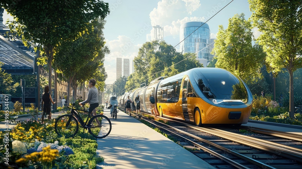 Obraz premium A concept art of eco-friendly transport: bicycles, electric vehicles, and solar-powered trains, replacing fossil fuel-driven vehicles.