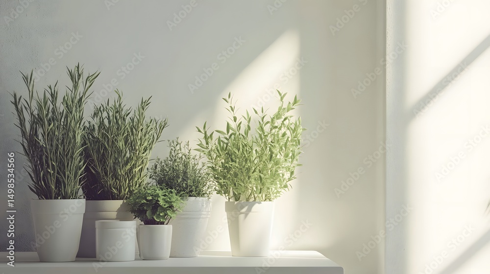 Fototapeta premium Arrangement of potted herbs in a bright room.