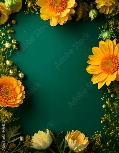 A vibrant arrangement of yellow flowers framing a green background.