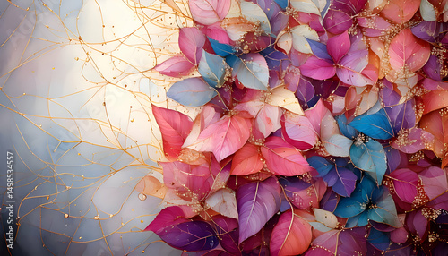 A vibrant arrangement of colorful leaves intertwined with delicate golden accents.