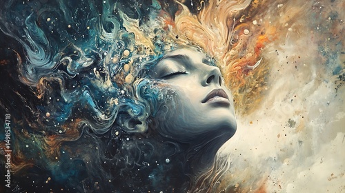 Woman portrait glows with cosmic elements for surreal tranquility and ethereal beauty concept.