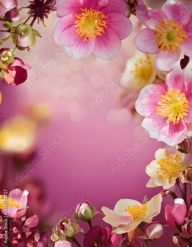 A vibrant floral arrangement with pink and yellow flowers on a soft pink background.