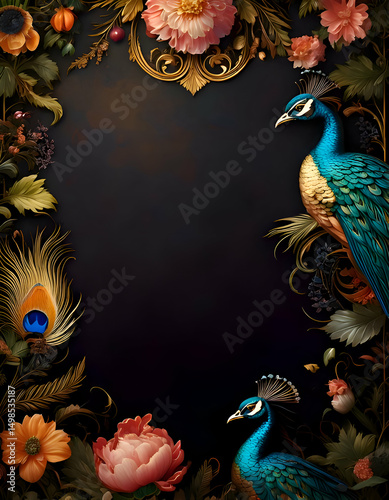 Ornate floral frame featuring peacocks, ideal for invitations or artistic displays.