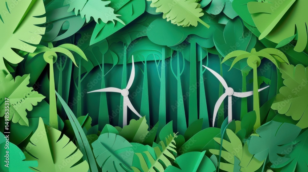 Obraz premium Wind Turbines in a Green Forest Setting