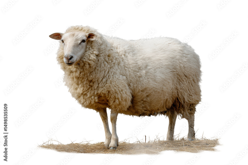 Obraz premium Fluffy white sheep standing on hay isolated on black background, cut out