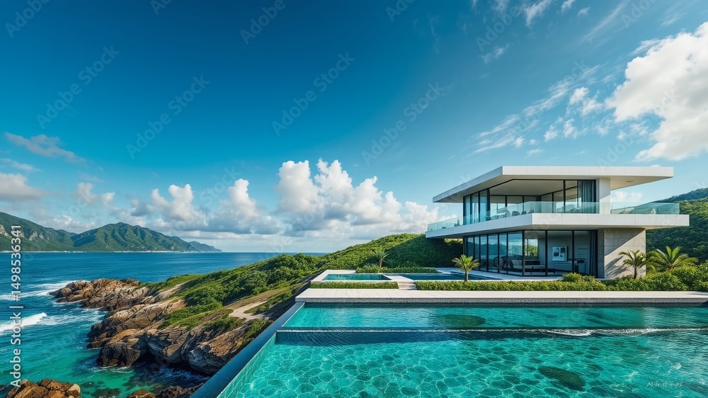 Fototapeta premium 8K Oceanfront House - Modern Architecture, Lush Greens